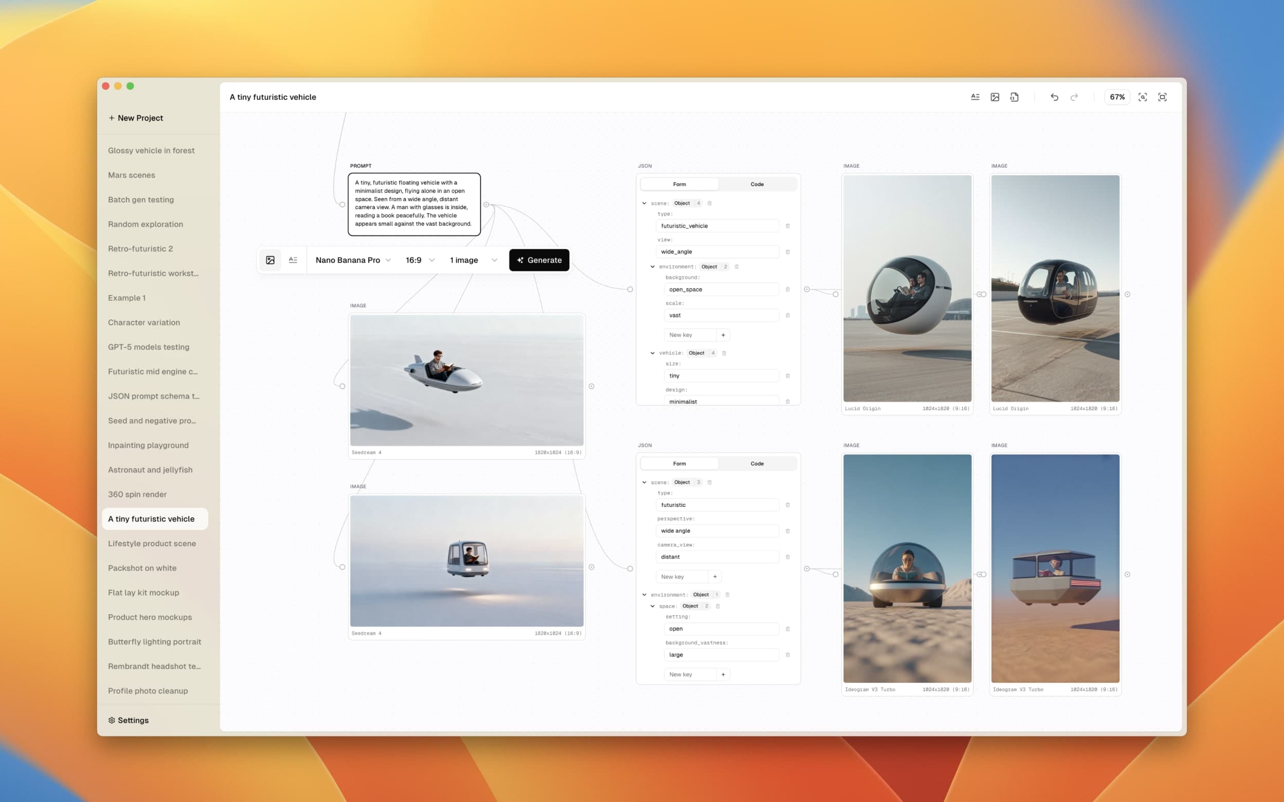 Nodejourney canvas with AI-generated images and node connections